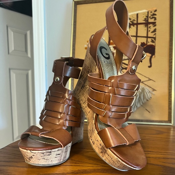 G by guess womens 8.5 brown cork wedges platform sandals EUC - Picture 1 of 9